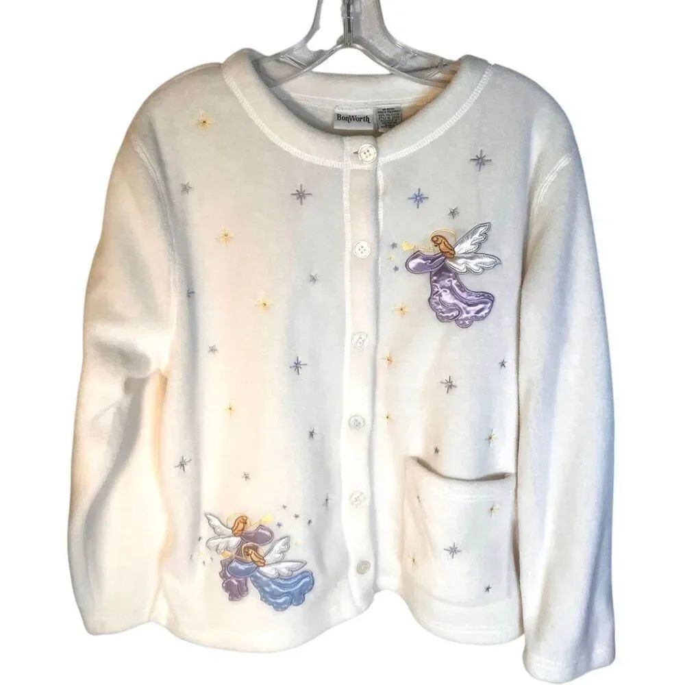 BonWorth Appliquéd Angels & Stars Fleece Grandma Sweater Cardigan Cottagecore S